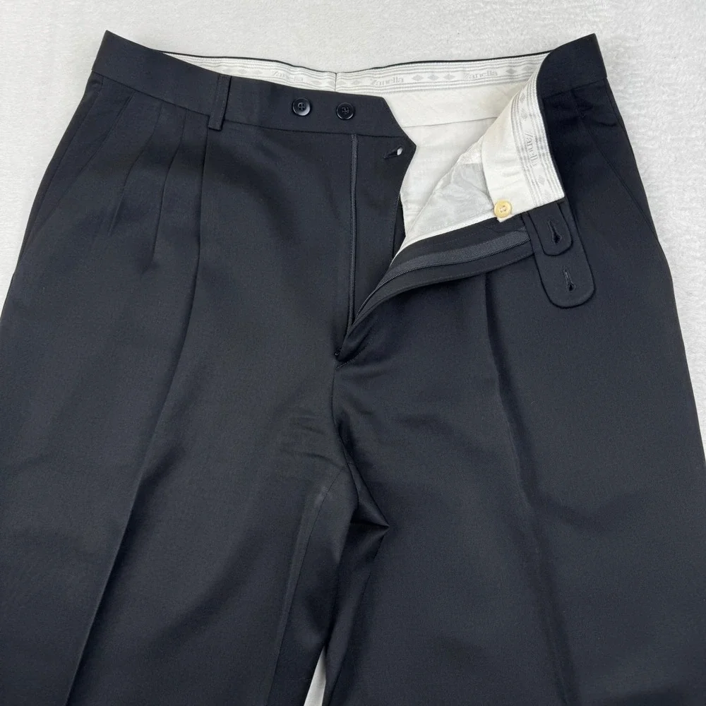 Zanella Pleated Trousers Mens 35 Black Virgin Wool Italy Cuffed Dress Pants